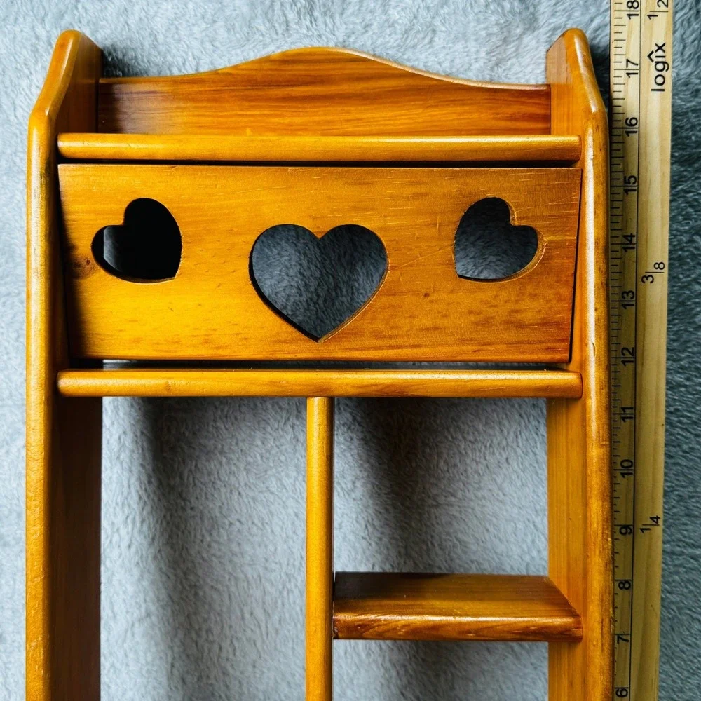 Vintage 80s Wood Wall Shelf Heart Cutout Curio Display 3 Pegs Cottagecore